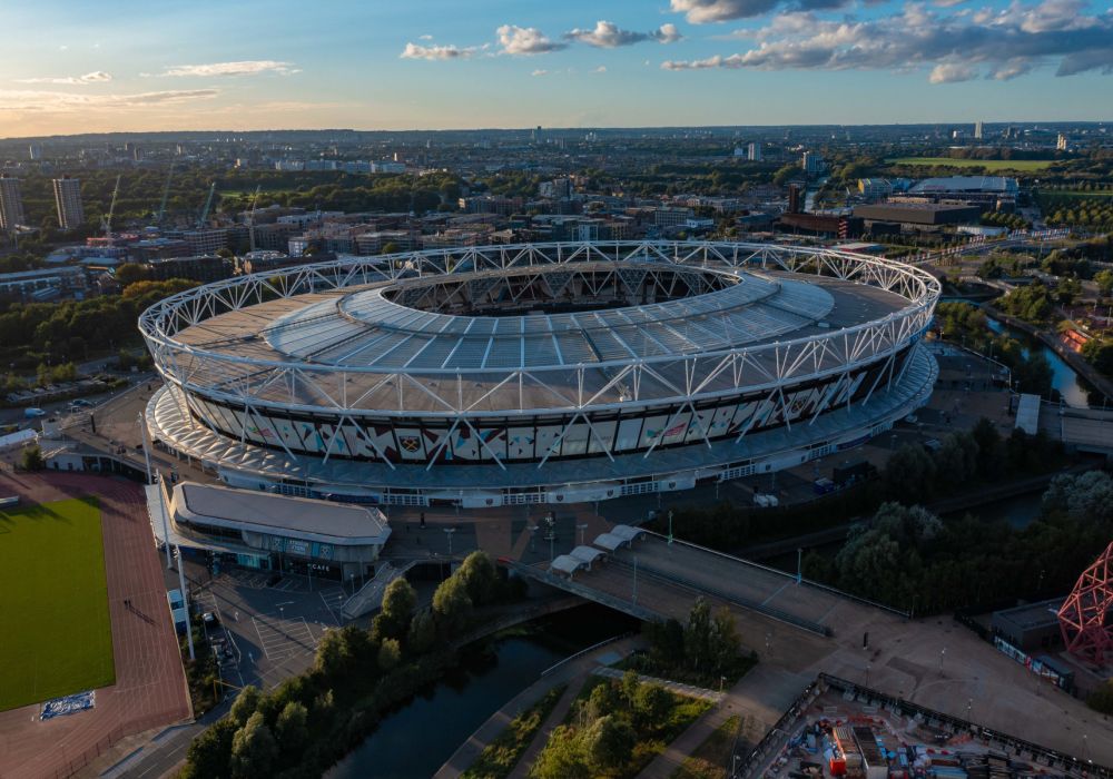 Vista panoramica del London Stadium, costruito per i Giochi Olimpici di Londra 2012.