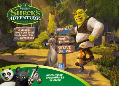 Immagine ufficiale dell’attrazione con Shrek, Ciuchino e altri personaggi DreamWorks.