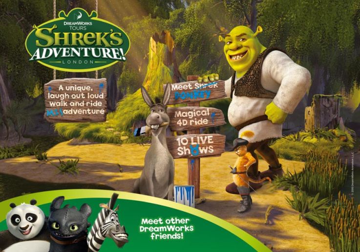 Immagine ufficiale dell’attrazione con Shrek, Ciuchino e altri personaggi DreamWorks.