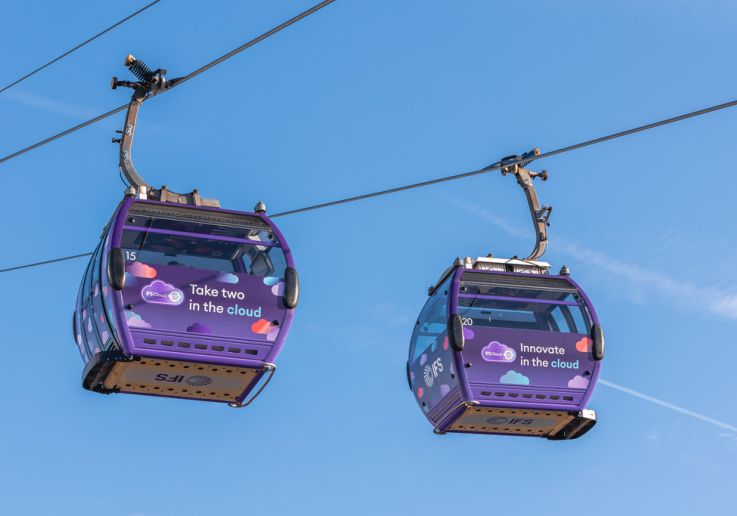 Due cabine della funivia viaggiano sopra il Tamigi sotto il cielo azzurro.